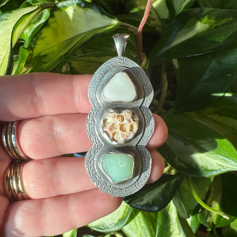 OOAK Artisan Malleo Designs Sterling Silver Sea Glass and Coral Pendant